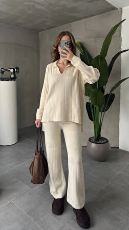 Krem Polo Yakalı Kazak İspanyol Paça Triko Pantolon İkili Takım