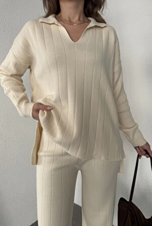 Krem Polo Yakalı Kazak İspanyol Paça Triko Pantolon İkili Takım