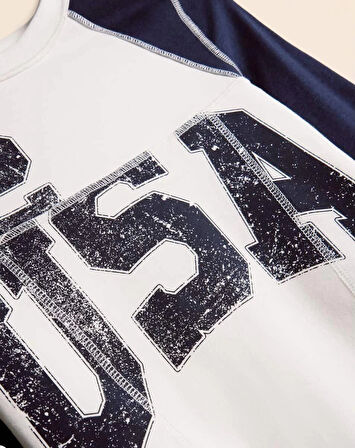 Bisiklet Yaka Usa Basklı Orj Marka Crop Bluz