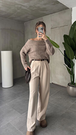 Krem Pileli Tam Kalıp Bel Oturtmalı Geniş Paça Palazzo Pantolon