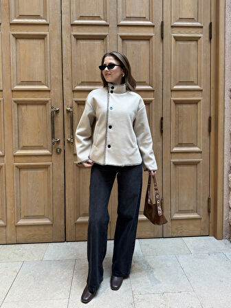 Krem Çoban Dikişli Kaşe Düğmeli Kaşe Hırka