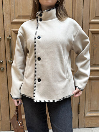 Krem Çoban Dikişli Kaşe Düğmeli Kaşe Hırka