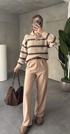 Vizon Pileli Tam Kalıp Bel Oturtmalı Geniş Paça Palazzo Pantolon