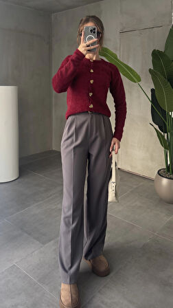 Antrasit Pileli Tam Kalıp Bel Oturtmalı Geniş Paça Palazzo Pantolon