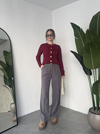 Antrasit Pileli Tam Kalıp Bel Oturtmalı Geniş Paça Palazzo Pantolon