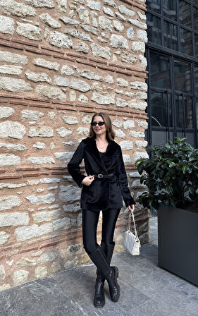 Siyah Tay Tüylü Kemerli Kürk Fox Ceket