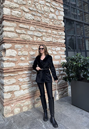 Siyah Tay Tüylü Kemerli Kürk Fox Ceket