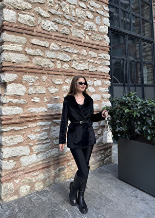 Siyah Tay Tüylü Kemerli Kürk Fox Ceket