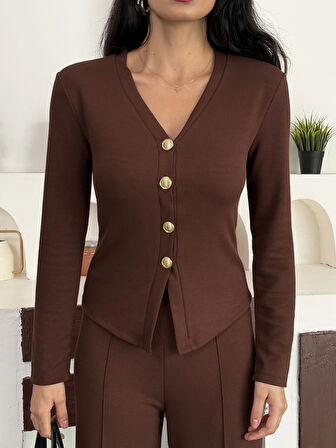 Kahverengi Gold Düğme Detaylı V Yaka Hırka İspanyol Paça Çimalı Viral Günlük Takım