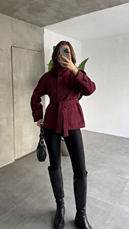 Bordo Kruvaze Boğazlı Dik Yaka Düğmeli Apoletli Kaşe Kaban Mont