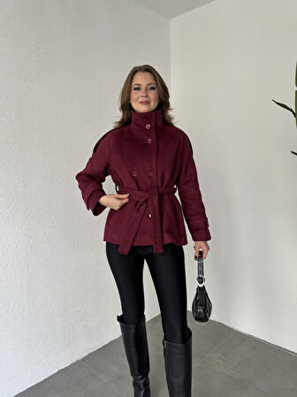 Bordo Kruvaze Boğazlı Dik Yaka Düğmeli Apoletli Kaşe Kaban Mont
