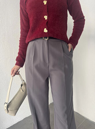 Antrasit Pileli Tam Kalıp Bel Oturtmalı Geniş Paça Palazzo Pantolon