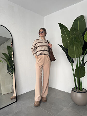 Vizon Pileli Tam Kalıp Bel Oturtmalı Geniş Paça Palazzo Pantolon