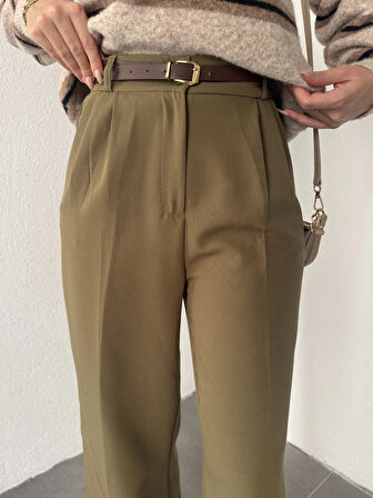 Haki Pileli Tam Kalıp Bel Oturtmalı Geniş Paça Palazzo Pantolon