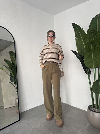 Haki Pileli Tam Kalıp Bel Oturtmalı Geniş Paça Palazzo Pantolon