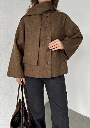 Kadın Kahverengi Bisiklet Yaka Şal Aksesurlı Düğmeli Kaşe Ceket Mont