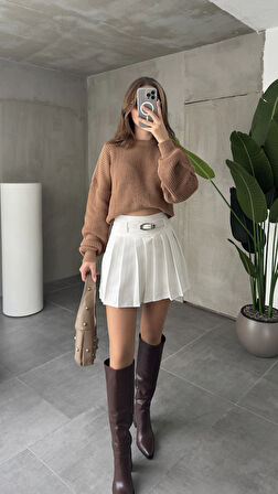 Beyaz Astarlı Şortlu Kemerli Pileli Kışlık Mini Etek