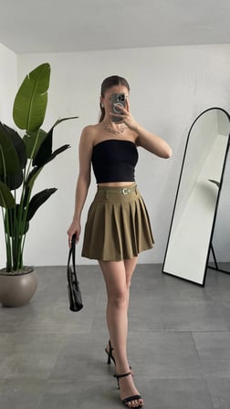 Kadın Haki Astarlı Şortlu Kemerli Pileli Yazlık Mini Etek
