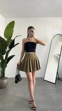 Kadın Haki Astarlı Şortlu Kemerli Pileli Yazlık Mini Etek