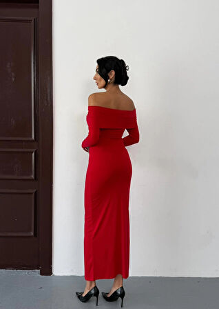 Kadın Kırmızı Madonna Yaka Düğümlü Uzun Kollu Midi Boy Elbise