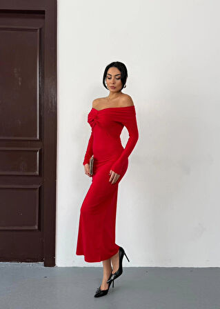 Kadın Kırmızı Madonna Yaka Düğümlü Uzun Kollu Midi Boy Elbise