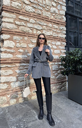 Gri Tay Tüylü Kemerli Kürk Fox Ceket