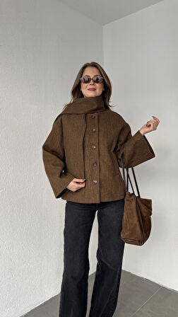 Kadın Kahverengi Bisiklet Yaka Şal Aksesurlı Düğmeli Kaşe Ceket Mont