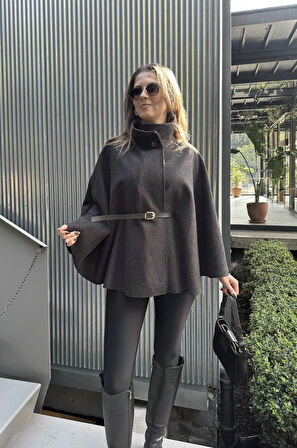 Kadın Antrasit Kemerli Dik Yaka Düğmeli Kaşe Pelerin Panço