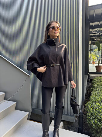 Kadın Antrasit Kemerli Dik Yaka Düğmeli Kaşe Pelerin Panço