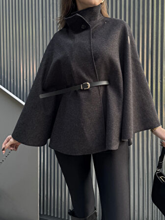 Kadın Antrasit Kemerli Dik Yaka Düğmeli Kaşe Pelerin Panço