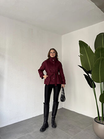 Bordo Kruvaze Boğazlı Dik Yaka Düğmeli Apoletli Kaşe Kaban Mont