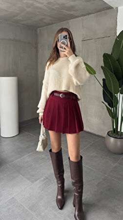 Bordo Astarlı Şortlu Kemerli Pileli Kışlık Mini Etek