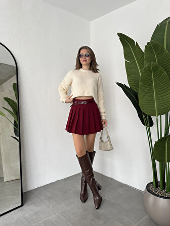 Bordo Astarlı Şortlu Kemerli Pileli Kışlık Mini Etek