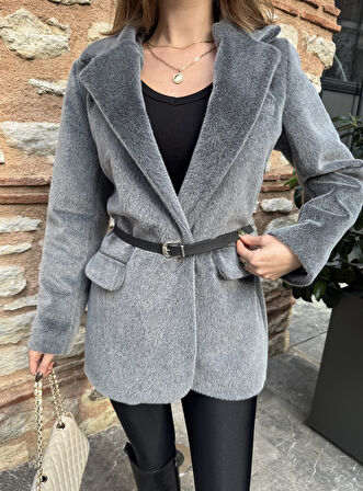 Gri Tay Tüylü Kemerli Kürk Fox Ceket