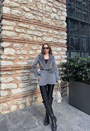 Gri Tay Tüylü Kemerli Kürk Fox Ceket