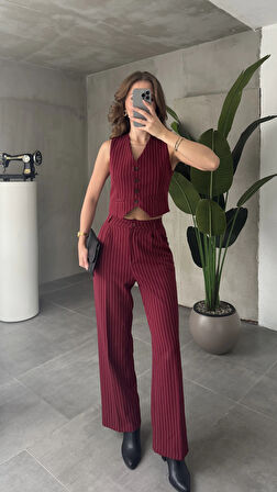 Bordo Çizgili Düğmeli Yelek Pileli Palazzo Pantolon İkili Takım