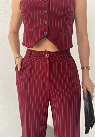 Bordo Çizgili Düğmeli Yelek Pileli Palazzo Pantolon İkili Takım