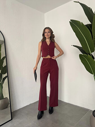 Bordo Çizgili Düğmeli Yelek Pileli Palazzo Pantolon İkili Takım