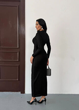 Siyah Vucudu Saran Simli Parlak Büzgülü Drapeli Midi Boy Uzun Kollu Elbise