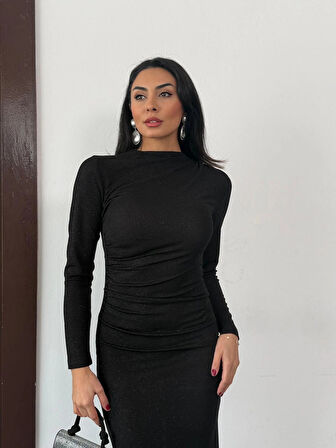 Siyah Vucudu Saran Simli Parlak Büzgülü Drapeli Midi Boy Uzun Kollu Elbise