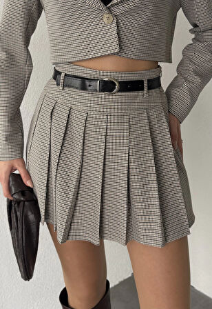 Pötikare Astarlı Şortlu Kemerli Pileli Kışlık Mini Etek