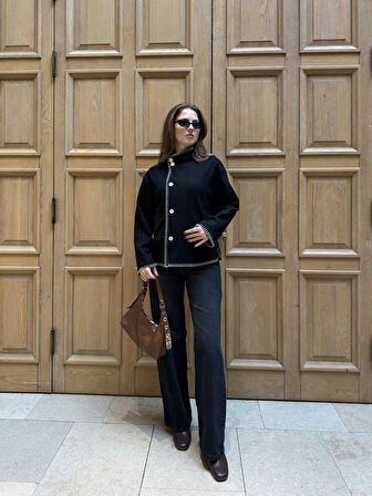 Siyah Çoban Dikişli Kaşe Düğmeli Kaşe Hırka