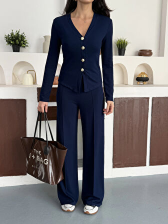 Lacivert Gold Düğme Detaylı V Yaka Hırka İspanyol Paça Çimalı Viral Günlük Takım