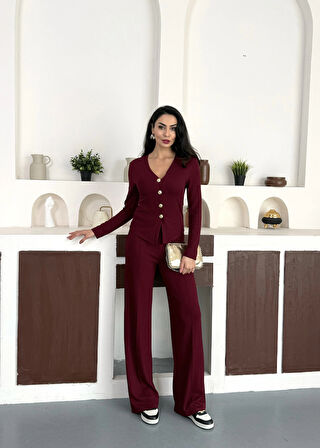 Bordo Gold Düğme Detaylı V Yaka Hırka İspanyol Paça Çimalı Viral Günlük Takım