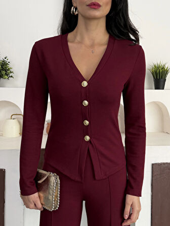 Bordo Gold Düğme Detaylı V Yaka Hırka İspanyol Paça Çimalı Viral Günlük Takım