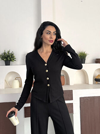 Siyah Gold Düğme Detaylı V Yaka Hırka İspanyol Paça Çimalı Viral Günlük Takım