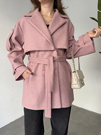 Pembe Kruvaze Oversize Astarlı Cepli Kuşaklı Kaşe Mont Kaban