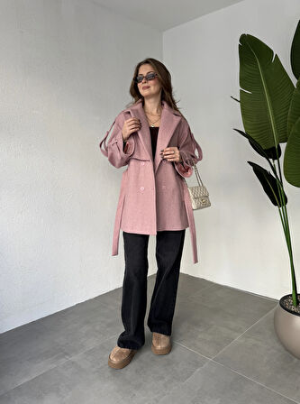 Pembe Kruvaze Oversize Astarlı Cepli Kuşaklı Kaşe Mont Kaban