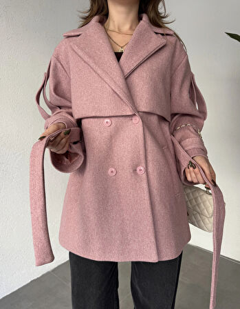 Pembe Kruvaze Oversize Astarlı Cepli Kuşaklı Kaşe Mont Kaban