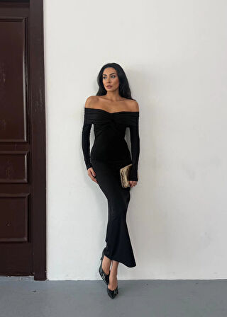 Kadın Siyah Madonna Yaka Düğümlü Uzun Kollu Midi Boy Elbise